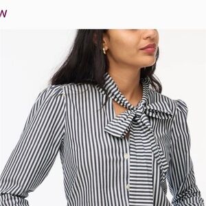 J. Crew Navy and White Striped Tie-Neck Blouse